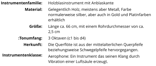Instrumentenfamilie: Material: Größe: :Tonumfang: Herkunft:  Instrumentenklasse: Holzblasinstrument mit Anblaskante Gelegentlich Holz, meistens aber Metall, Farbe normalerweise silber, aber auch in Gold und Platinfarbenerhältlich Länge ca. 66 cm, mit einem Rohrdurchmesser von ca. 2,5 cm 3 Oktaven (c1 bis d4) Die Querflöte ist aus der mittelalterlichen Querpfeifebeziehungsweise Schwegelpfeife hervorgegangen. Aerophone: Ein Instrument das seinen Klang durch Vibration einer Luftsäule erzeugt.